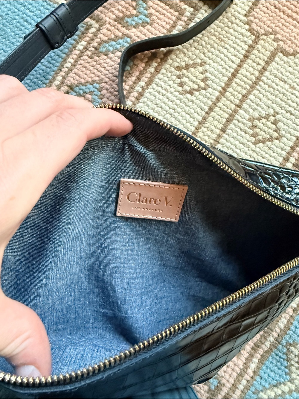 Hard to find Clare V Black Croc-Embossed Grande Fanny Bag with Gold Zipper - Picture 7 of 12